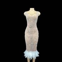 sleeveless shining crystal rhinestone feather split sexy backless women dress evening party club birthday clothing stage costume