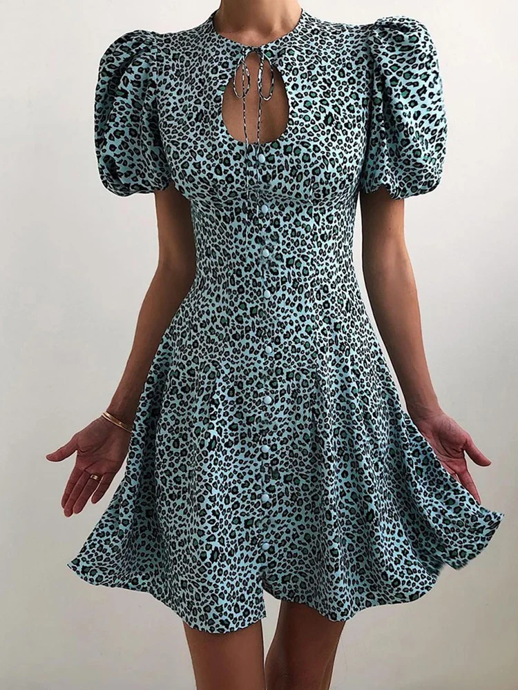 

Leopard Short Sleeve Buttoned Casual Mini Summer Dress