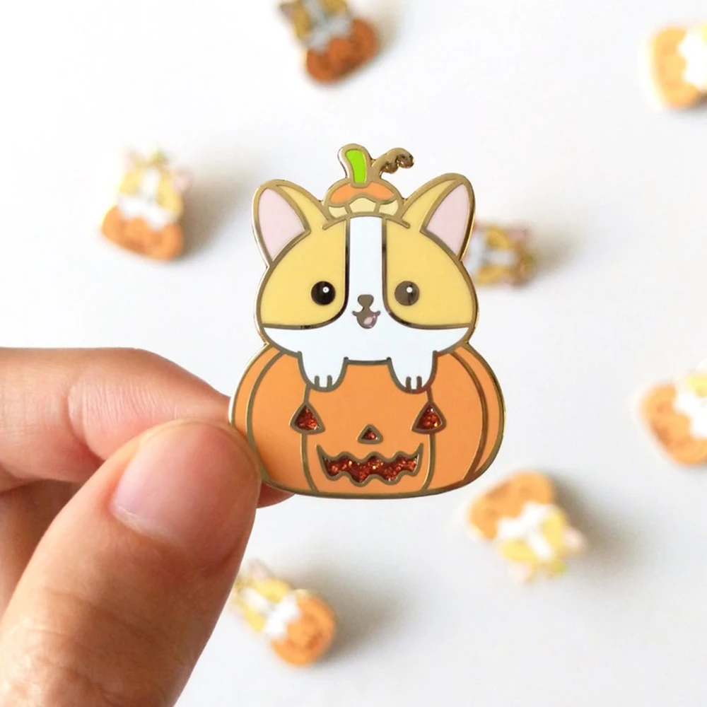 

Значок с эмалью в виде тыквы значки с героями мультфильмов Corgi, значок-брошь на воротник, индивидуальный подарок на Хэллоуин, Ювелирное Украшение для друзей
