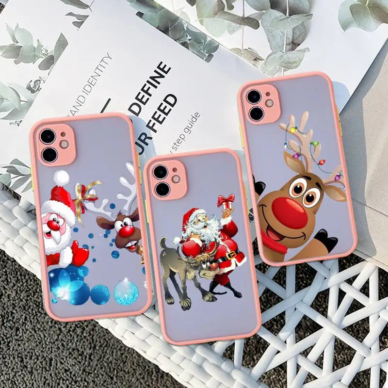 

Merry Christmas Snow Elk Phone Case For iphone 14 13 12 11 Pro Max Mini Plus X XS XR Pink Matte Transparent Cover