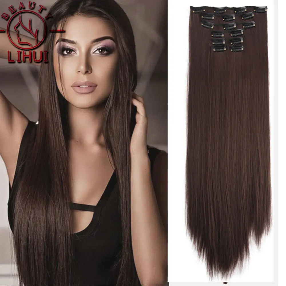

24Inchs 16 Clips in Hair Extensions Long Straight Hairstyle Synthetic Blonde Black Brown Hairpieces Heat Resistant False Hair