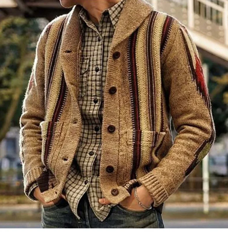 

Men's Long-Sleeved Jacquard Lapel Sweater Coat, Outside Wear, New, Autumn, Winter