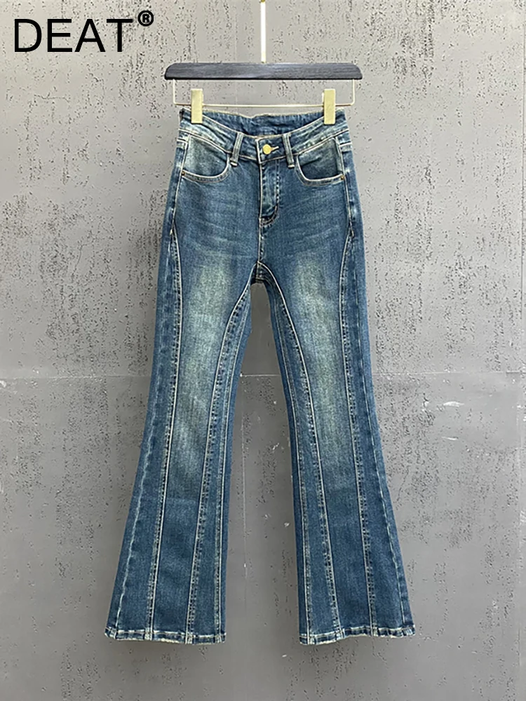 

DEAT Women's Jeans High Waist Patchwork Lines Straight Slim Stretch Denim Micro Flared Pants 2023 Autumn New Fashion 29L3036