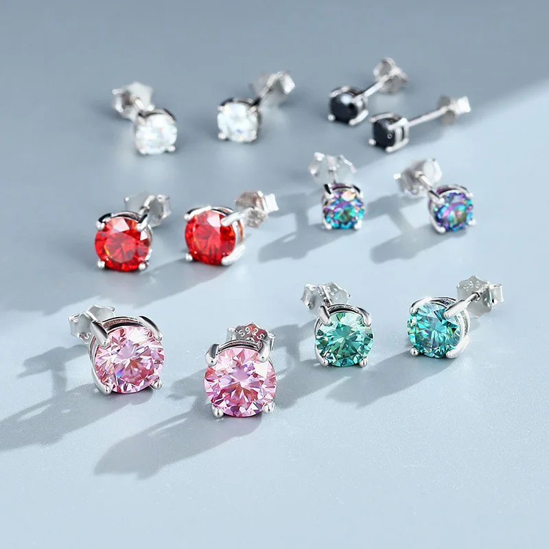 

4ct Round Blue Pink Red Moissanite Stud Earrings 925 Sterling Silver Real Moissanite Diamond Earrings 4 Prong Pass Tester Gift