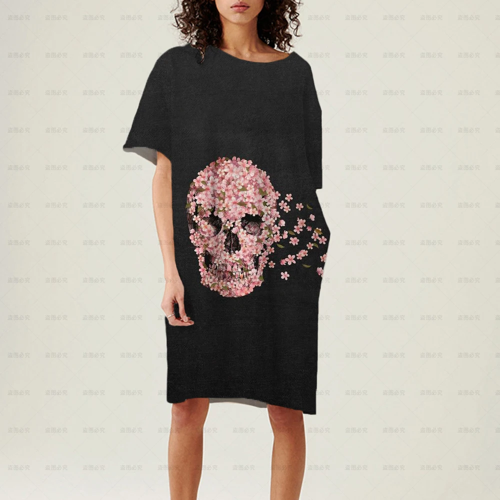 

Women's Loose T-shirt Dress Woman Summer Short Sleeve Party Dresses 3D Printing 2022 Sexy Skull Flower Boho Beach Gothic