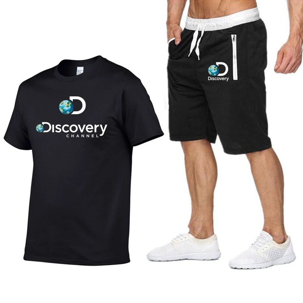 Funny Discovery Channel Men T shirt+Beach Shorts 2 PC Sets 2023 Summer Cotton T-shirt Sportswear streetwear Harajuku Tops Tshirt