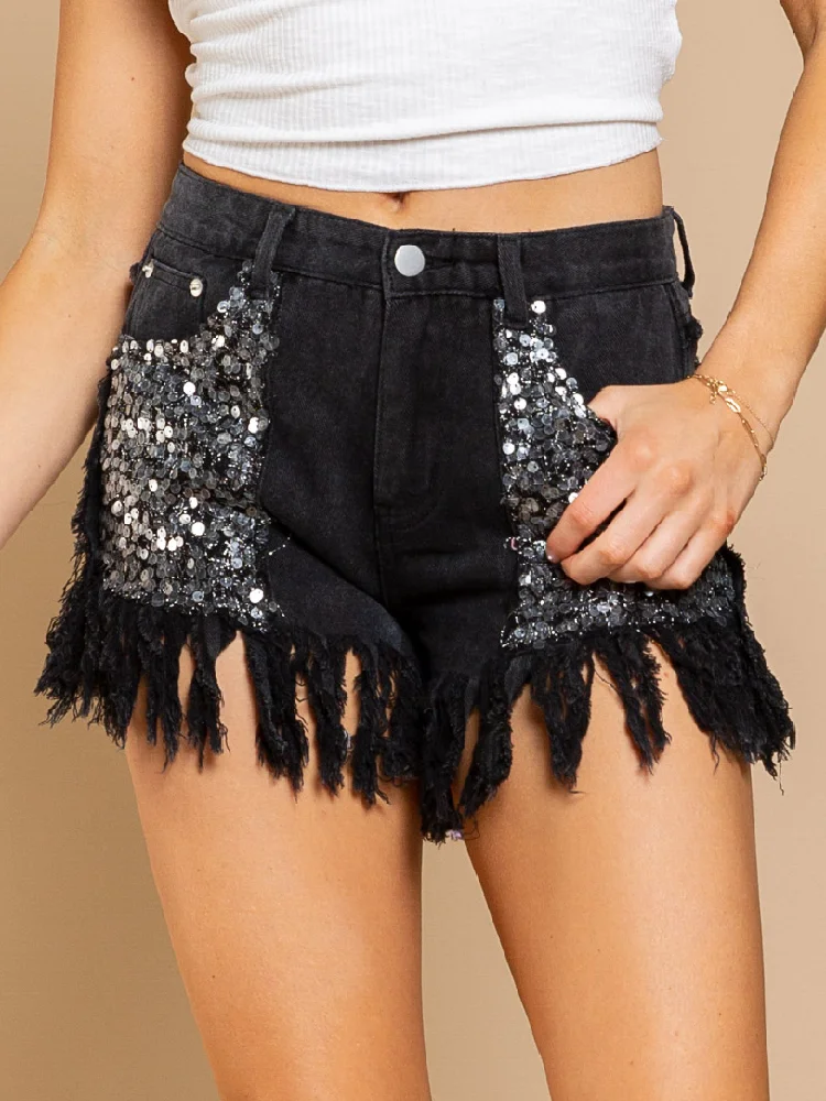 

Women Summer Denim Shorts High Waist Sequins Tassel Jeans Short Pants