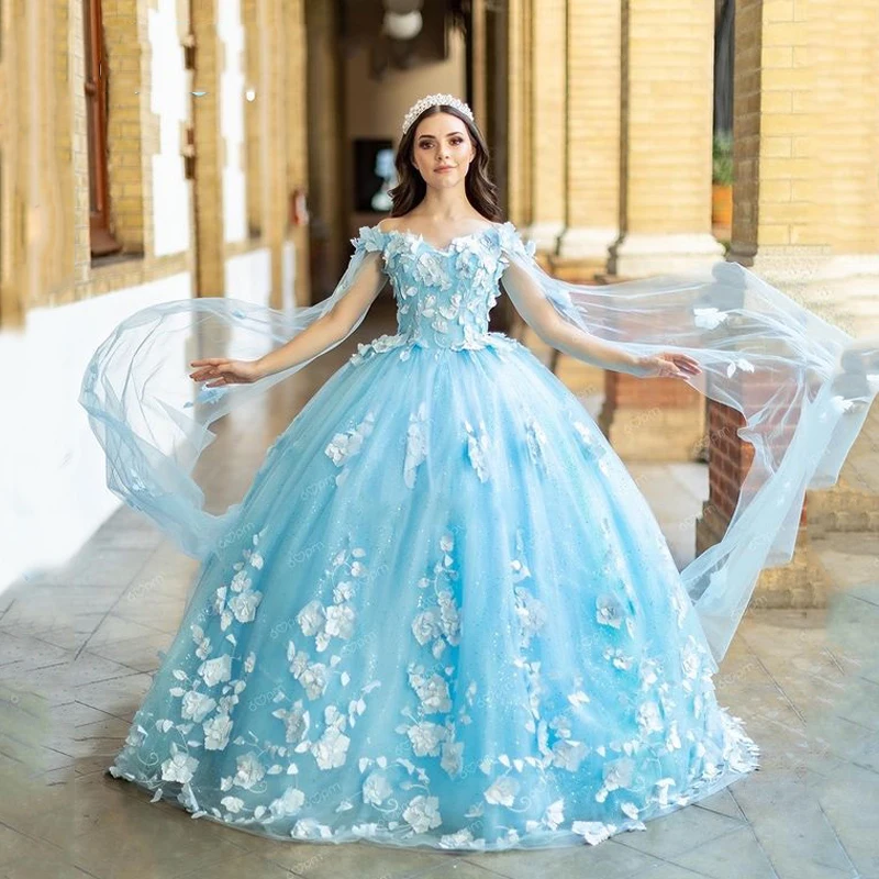 

Princess Quinceanera Dresses 2023 Sweetheart Corset Ball Gown for Lady Sweetie 15 Sky Blue Tulle 3D Flower With Cape Quinceanera