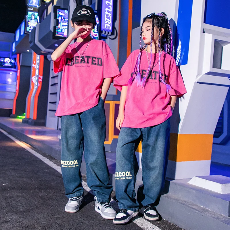 Детская одежда для сцены в стиле хип-хоп футболка с розами топы уличная джинсовые