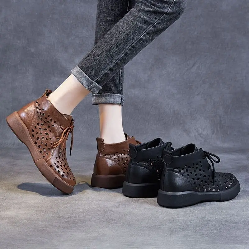 Trendy Woman's Retro Boots Casual Female Split Leather Hollow Out Shoes for 2023 women Summer Cutout Lace Up Ankle Booties