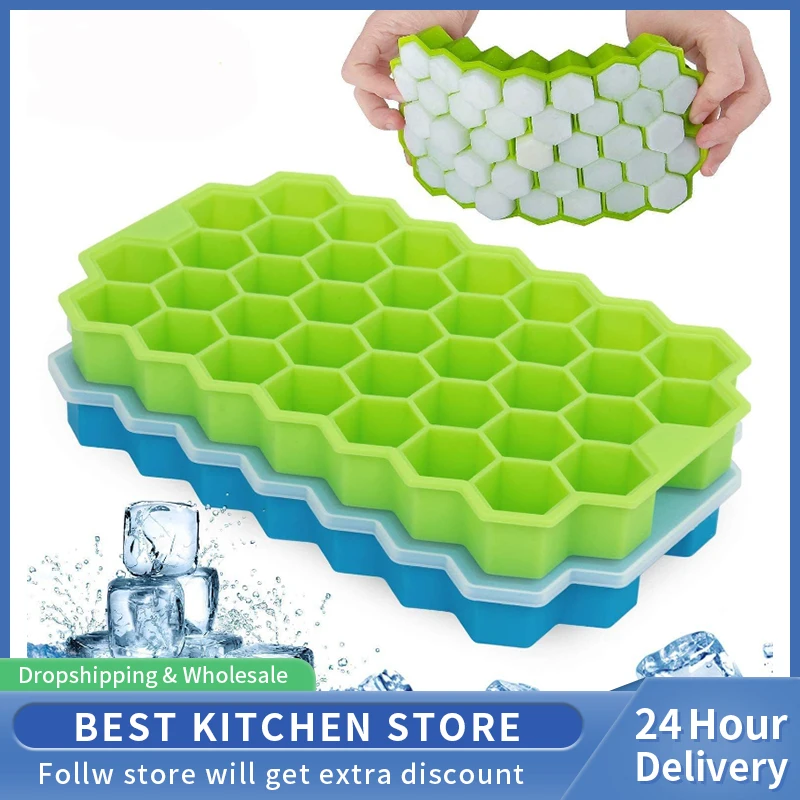 

37 Cavity Honeycomb Ice Cube Trays Reusable Silicone Ice Cube Mold BPA Free Ice Maker with Removable Lids for Whiskey Cocktail