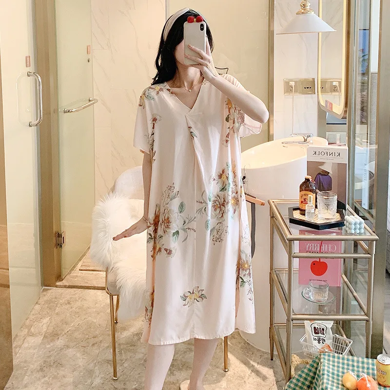 V-Neck Fresh Cotton Thin One-Piece Pajamas Dresses Short Sleeve Plus Size Sweets Home Wear Luxury Attractive Women's Nightwear