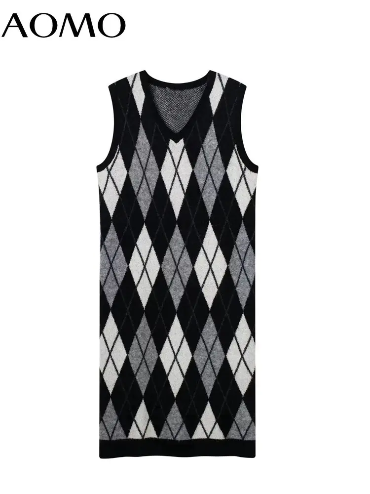 

AOMO Women 2022 Diamond Loose Knit Midi Dress Vintage V Neck Sleeveless Female Sweater Dresses 3H694A