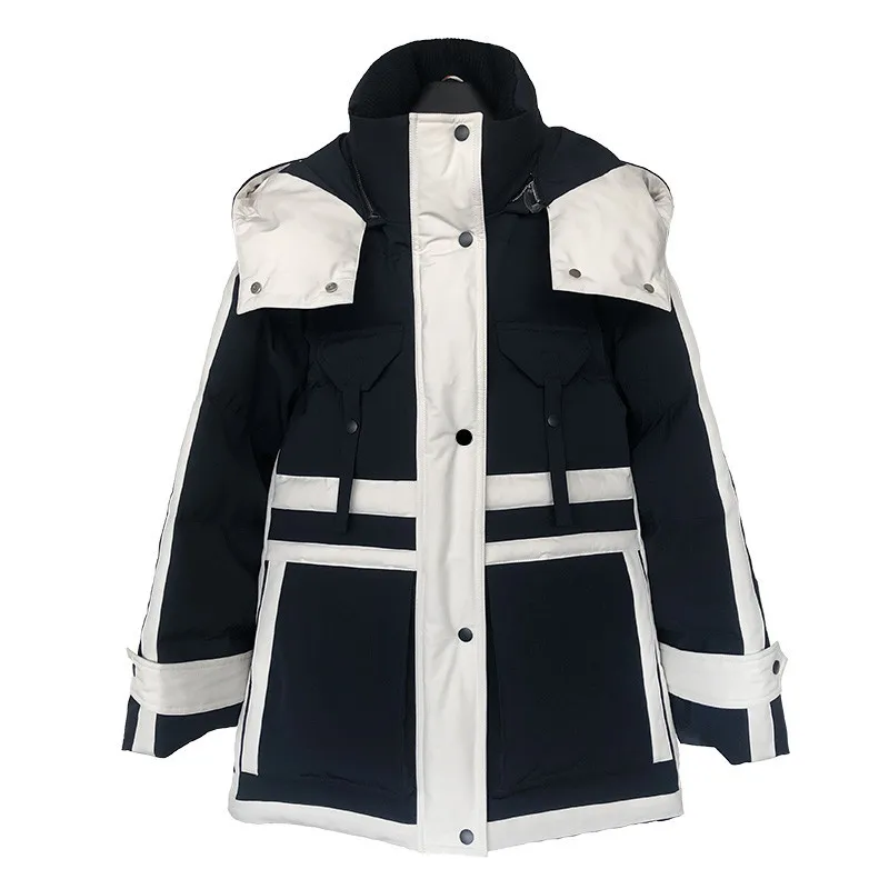Winter Down Jacket White Duck Down Men and Women with The Same Paragraph Colour Blocking Thickened Medium-length Couples Jacket