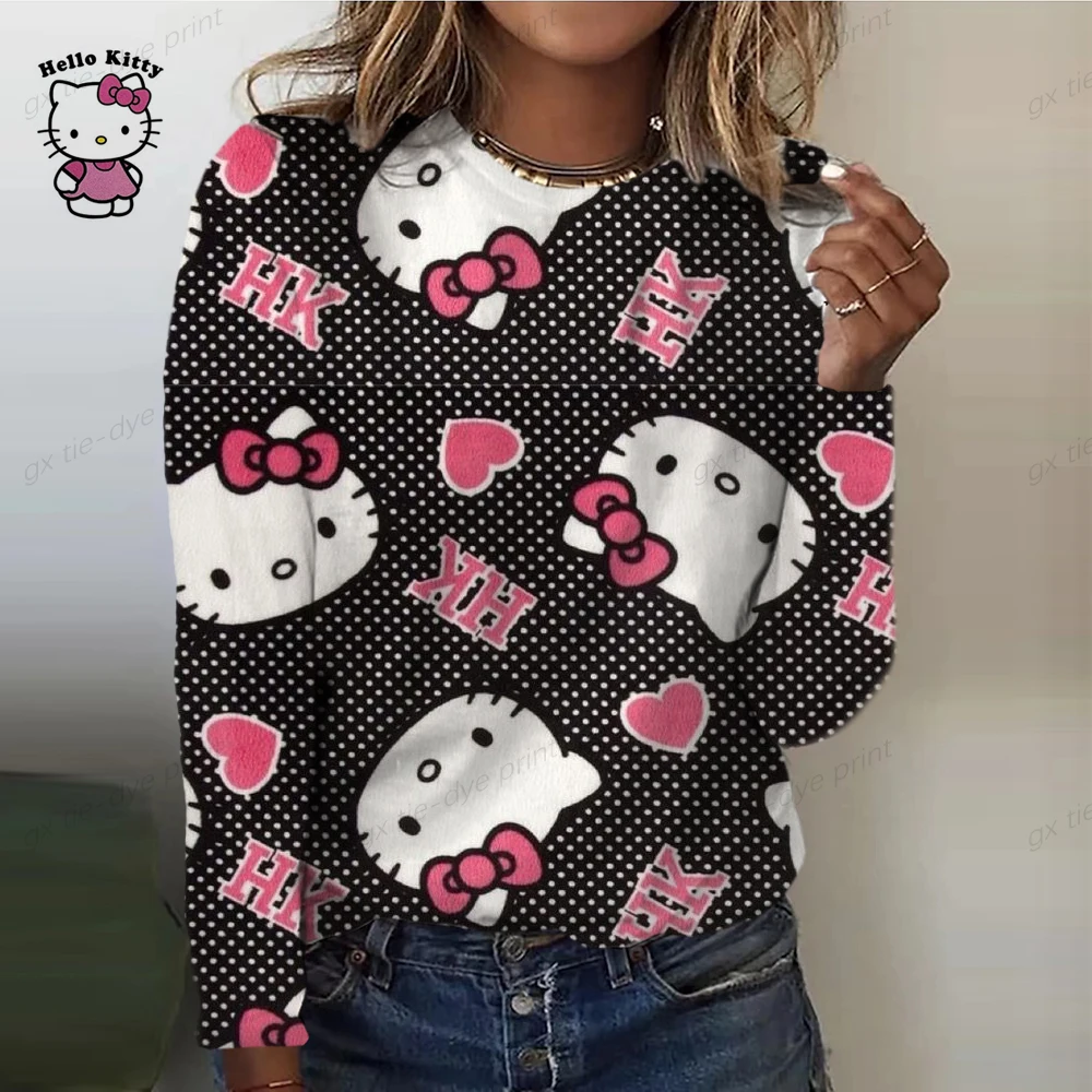 

Hello Kitty Cartoon print Summer Women Long Sleeve Women Top O-neck Long-sleeved Women T-shirt Female Oversized Girls' T-shirt