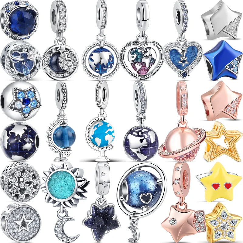 

100% 925 Sterling Silver Blue Space Earth Stars Moon Sun Planet Pendant Shiny Beads Fit Original Pandora Charms Bracelet Jewelry