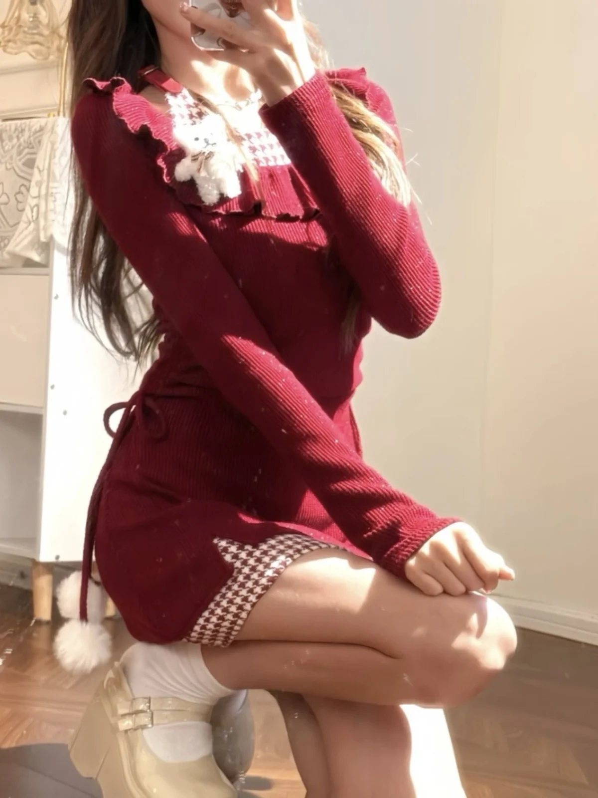 Рождественское пальто Gyaru трикотажное платье с длинными рукавами и доспехами