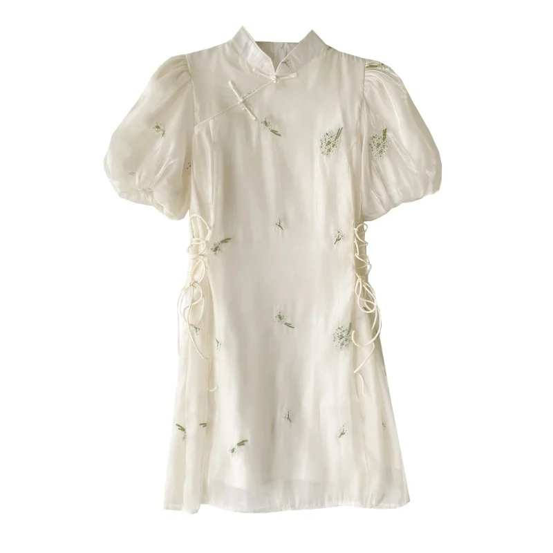 Новинка 2024 китайские винтажные платья-Ципао с пышными рукавами женское летнее