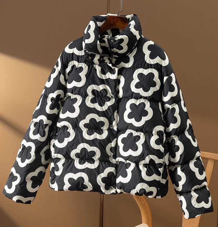 90% White Goose Down Print Jacket Women  Parkas  Casaco Feminino Inverno 2022  Wide-waisted  Zipper  Pockets  Coat Women