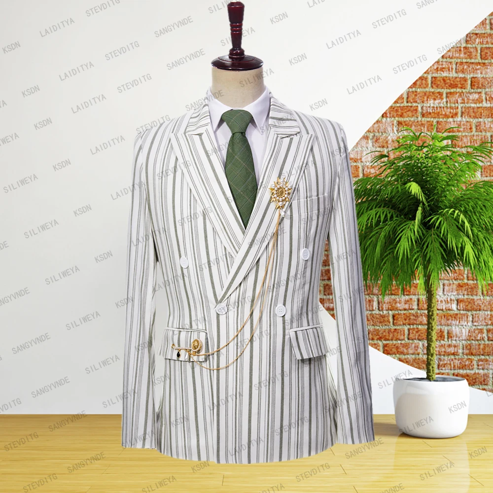 

2023 Luxury Blazer Men's Set with Green and White Stripe Pattern Loose Groom Coat Park Leisure Party Slim Fit