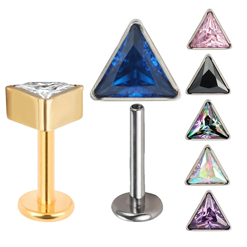 

G23 Titanium EAR PIERC Triangle CZ Paved Top Threaded Labret Studs Tragus Earrings Lip Tongue Stud helix Body Piercing Jewelry