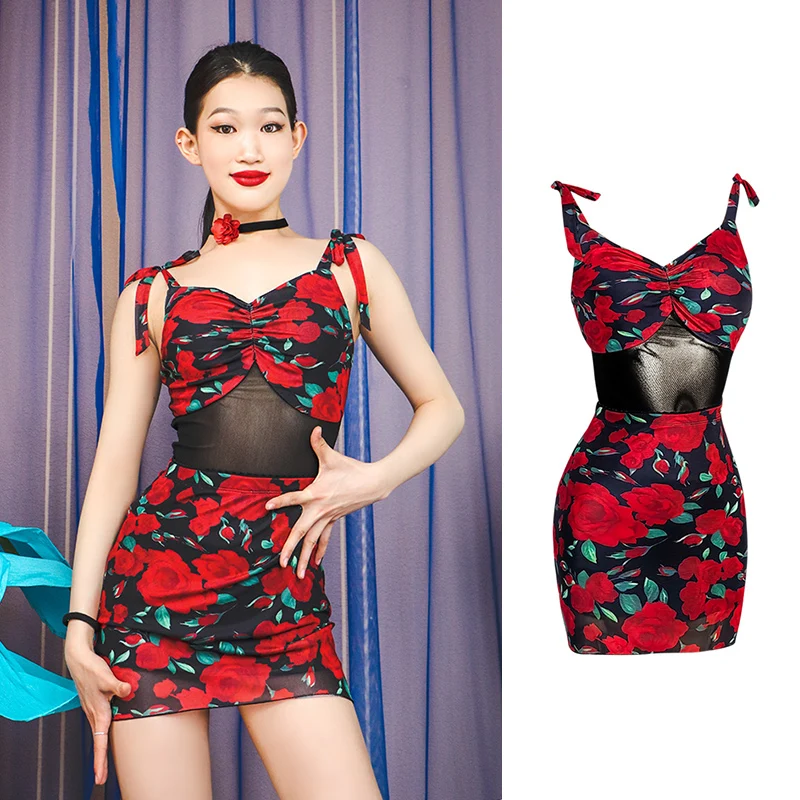 

Latin Dance Costume Rose Sleeveless Bodysuit Skirt Adult Competition Outfit Rumba Practice Wear ChaCha Dance Clothes VDB6850