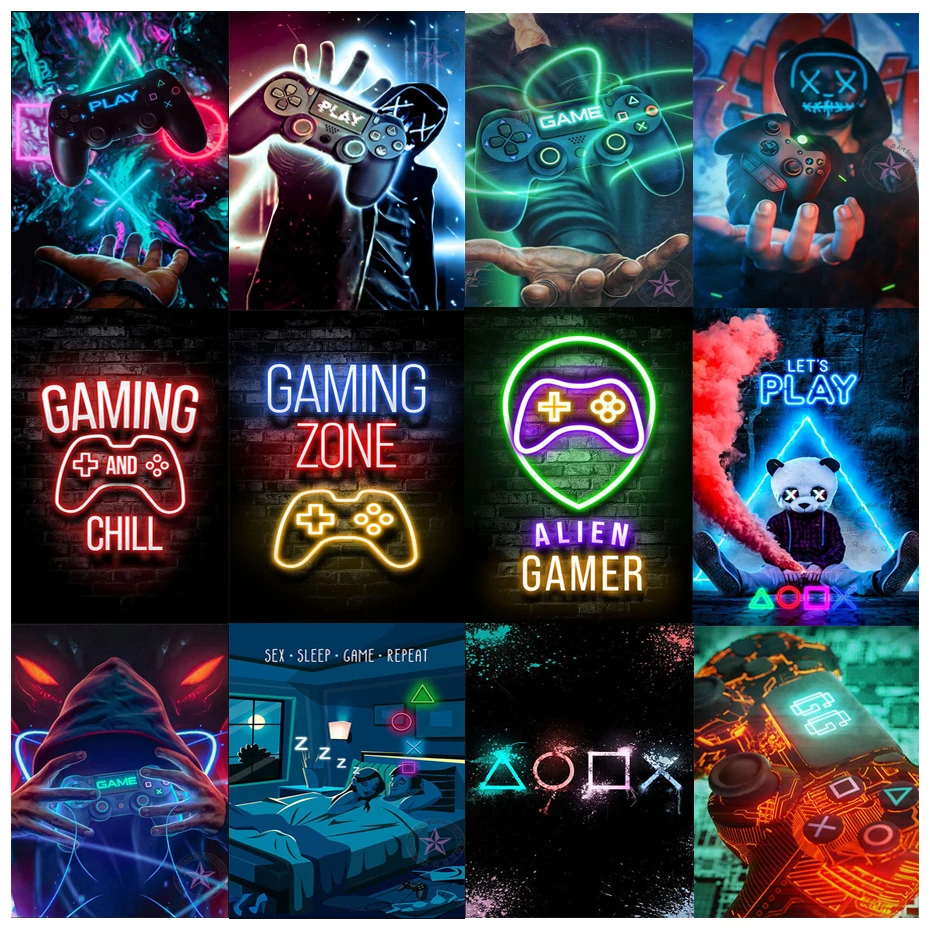 

Graffiti Gamepad Canvas Painting Neon Sign Cartoon Bright Game Player Tin Signs Poster Print on Metal Signs Wall Room Art Decor