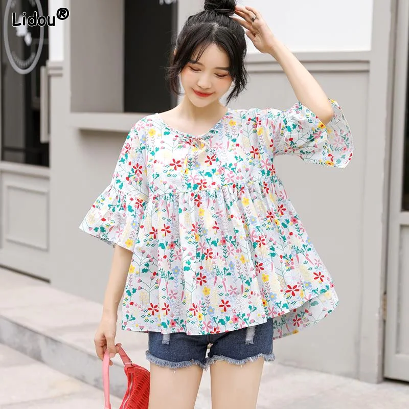 

Summer Thin Pullovers Round Neck Pleated Loose Printing Beach Style Blouses Casual Refreshing Women's Clothing 2022 Comfortable