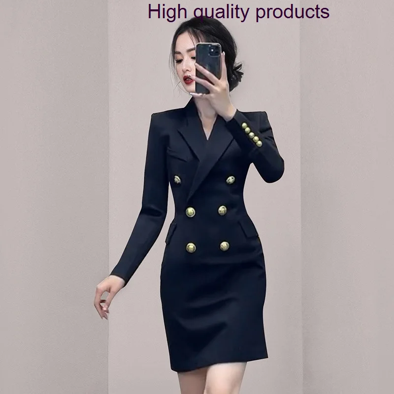 

Summer Spring New Double-Breasted Elegant Formal Occasion Women'S Dress 2023 Slim Lapel Solid Color Long-Sleeved One-Step Drees