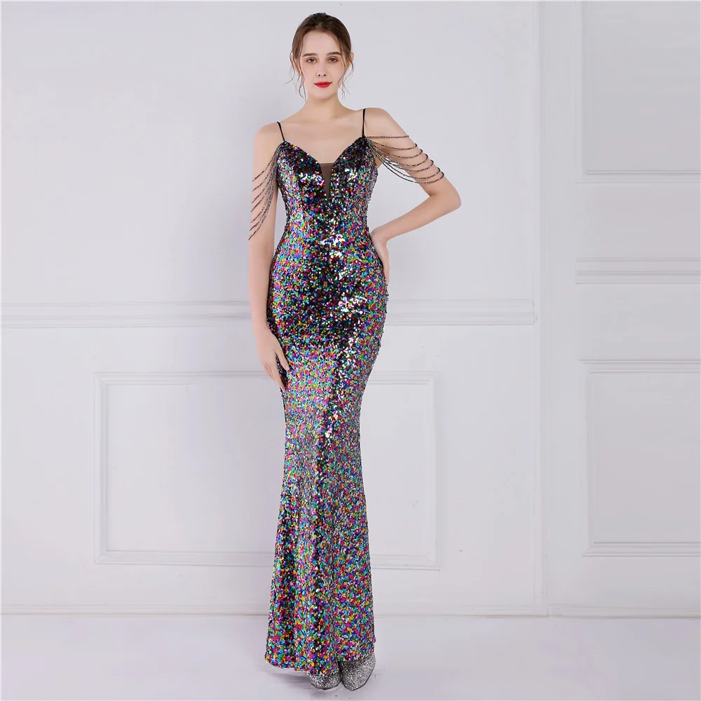 

New Year's Sequin Fishtail Long Dress Performance Network Red Event Banquet Car Model Etiquette Evening Dress