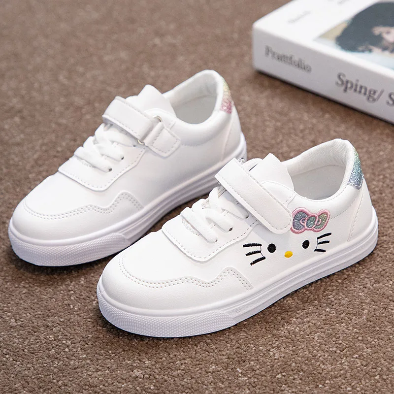 Kids White Sneakers Casual Shoes Cute Cat Flats Girls Shoes Children's Sneakers for Student Sports Lace-up Comfortable Summer