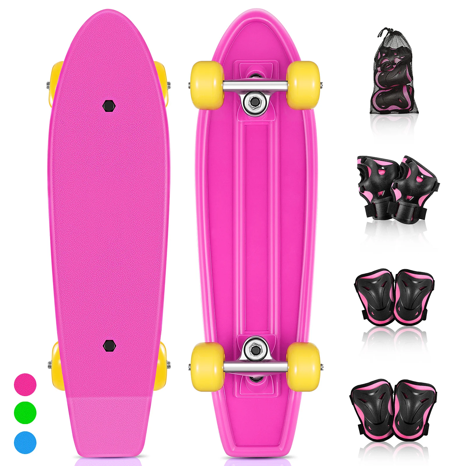 

MOVTOTOP Kids Skateboard Kit Complete Skateboard Downhill Longboard with Protective Gears for Boys Girls Kids Beginners (Pink)