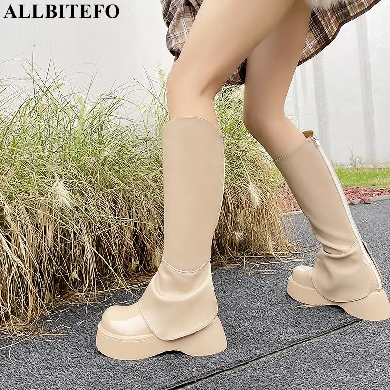 

Size 34-40 Thick Bottom Microfiber + Genuine Leather Women Ridding Boots Fashion Autumn Winter Modern Shoes High Heel Knee Boots