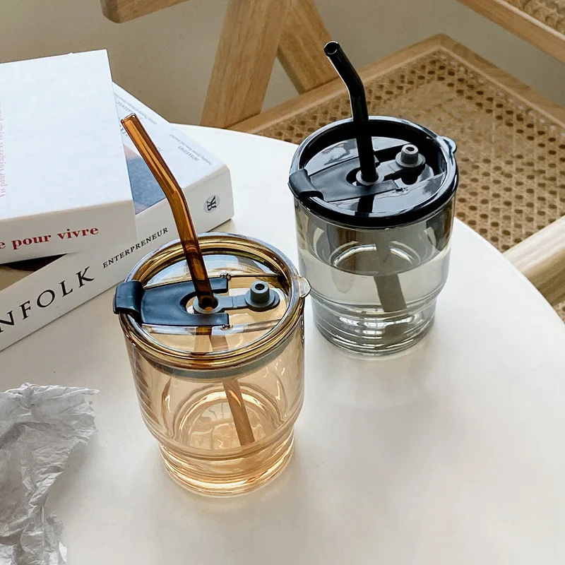 

400ml Lead Free Glass Mug with Lid and Straw Coffee Cup Juice Glass Cute Coffee Mugs Milk Cups Tea Cup Drinkware