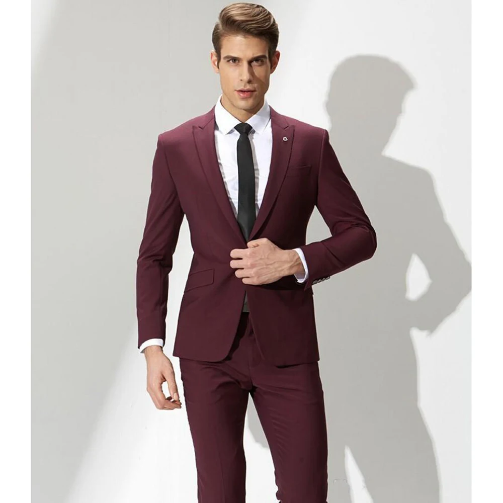 

New Stylish Design Groom Tuxedos One Button Burgundy Peak Lapel Groomsmen Best Man Suit Mens Wedding Suits (Jacket+Pants+Tie)