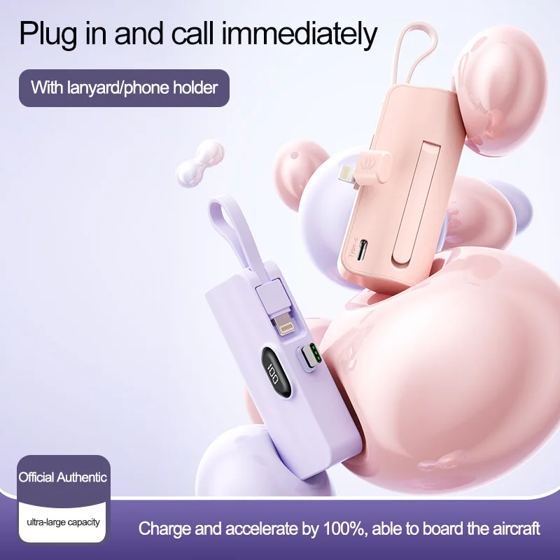 

Mini 5000 mah capsule power bank with cable digital display portable wireless stand mobile power supply