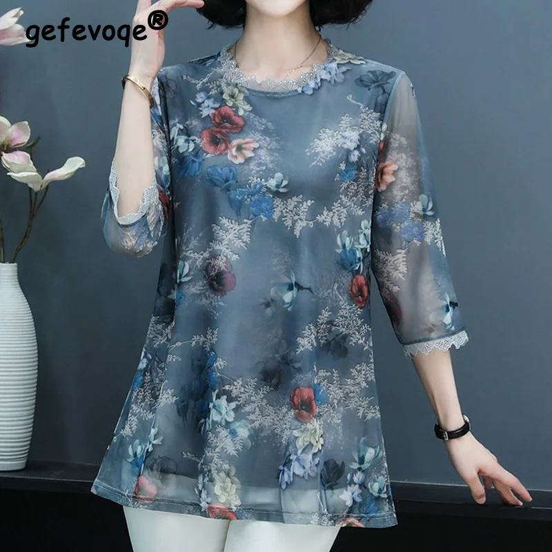 

Elegant Fashion Printed Hollow Out Lace Gauze T-shirt Summer 2022 Three Quarter Sleeve O-Neck Loose Pullover Tops Women Clothing
