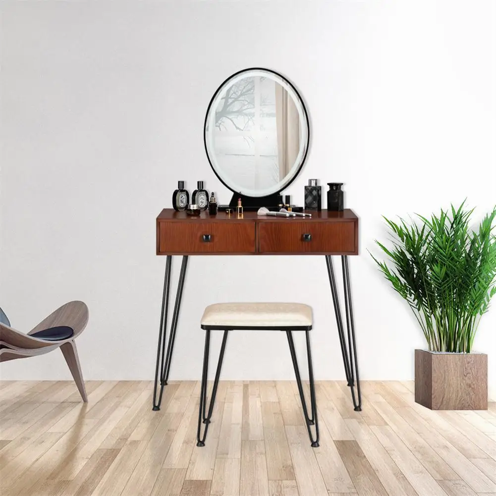

US Stock Bedroom Iron Dressing Table Simple Dressing Table Black Iron Foot Brown Desktop With Light Three-Color Adjustable 2022