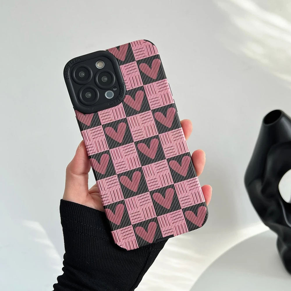 

LUPWAY Pink Love Lattice Silicone Soft 3D Heart Couple Case for iPhone 14 13 Pro Max X XS Max 7 8 Plus XR 11 12 Mini Cute Capa