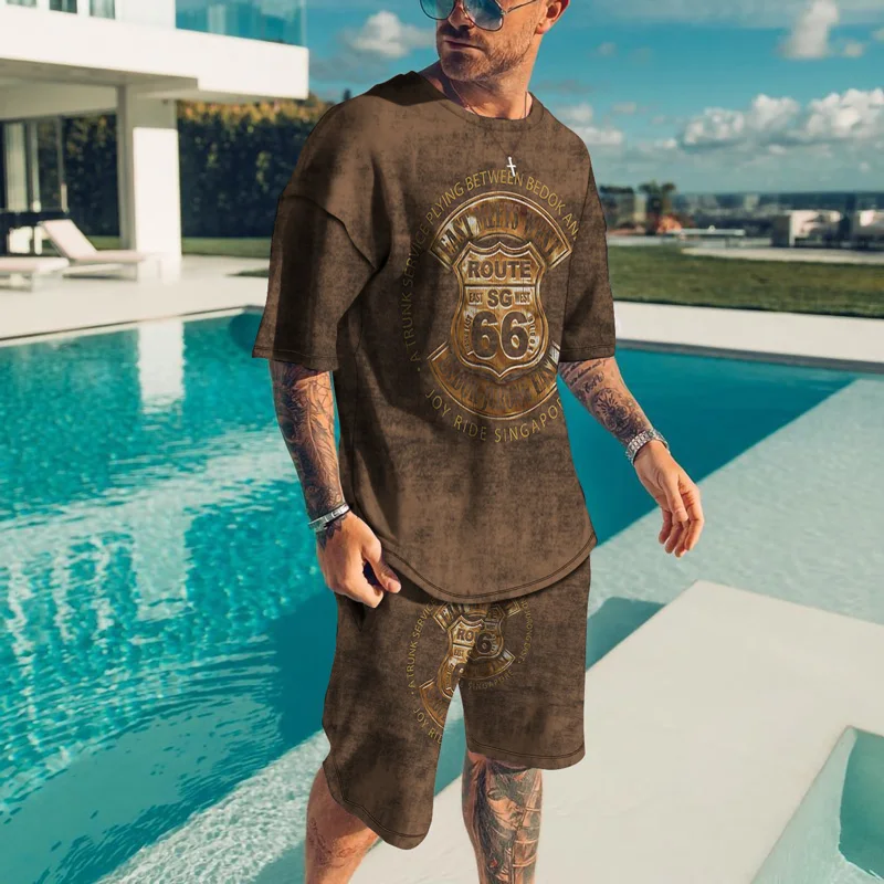 

2022 Summer Men Fashion Tracksuit Casual Men Short Outfits Sets US Route 66 Letter 3D Printing Breathable o-neck T-shirts Shorts