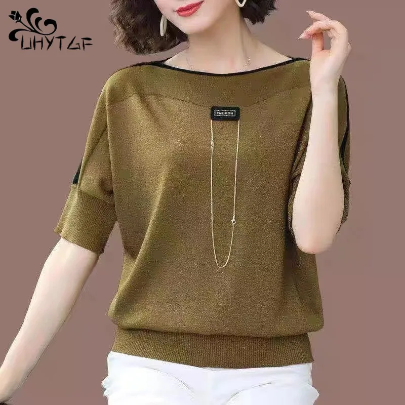 

Knitted T Shirt Womens Clothing Vintage Tops Mujer Camisetas Woman Tshirts O-Neck Ice Silk Knitwear T-shirty Damskie Haut Femme