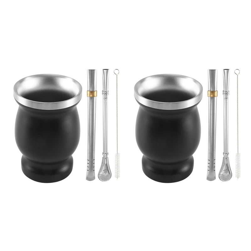 

2X Double-Wall Stainless Yerba Mate Gourd Tea Cup Set Water Cup With 2 Bombillas Straws Spoon&Clean Brush 8Oz Black