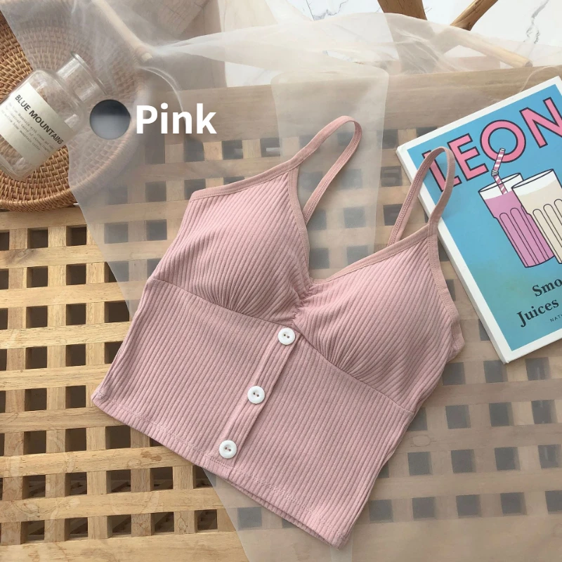 

Woman Knitted Tank Top Wide Strap Vest Sexy Female Outwear Summer V Neck Plastic Buttons Front Sleeveless Korean Kawaii Style