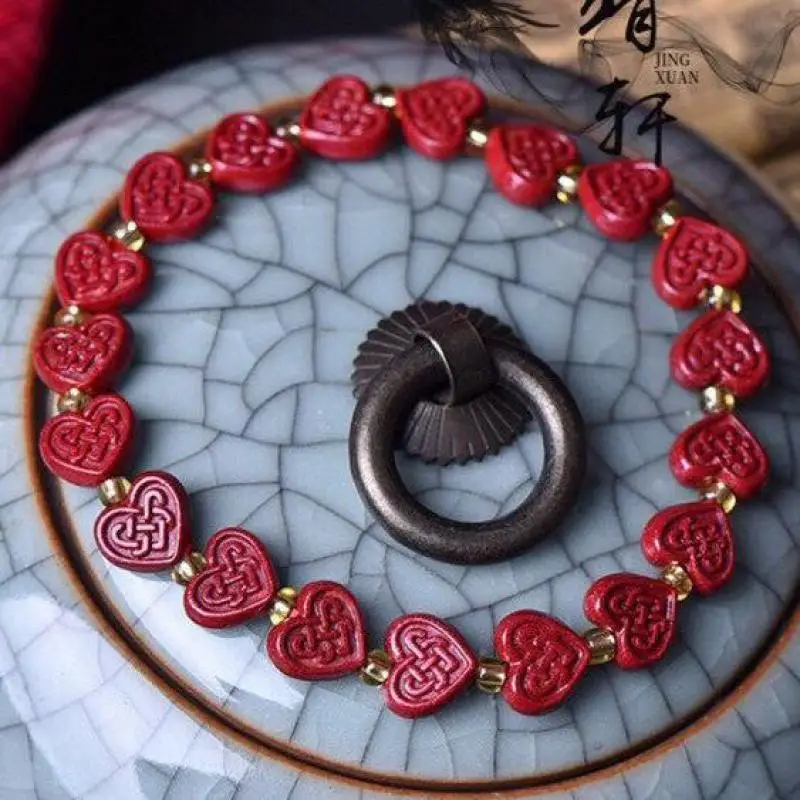

Natural Red Organic Cinnabar Heart Bracelet Women Healing Gemstone Jewelry Cinnabrite Crystal Love Heart Beads Bangle Bracelets