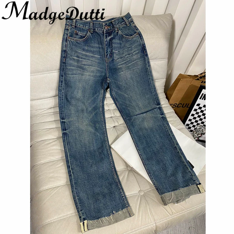 11.9 MadgeDutti Casual Versatile Distressed High Waist Straight Hem Roll Denim Jeans Women