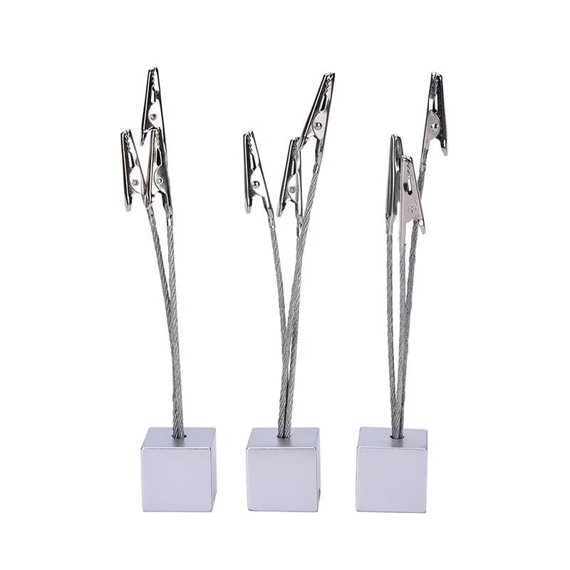 

Small cube 3 alligator wire memo picture note card desk paper photo clip holder,table stand place office