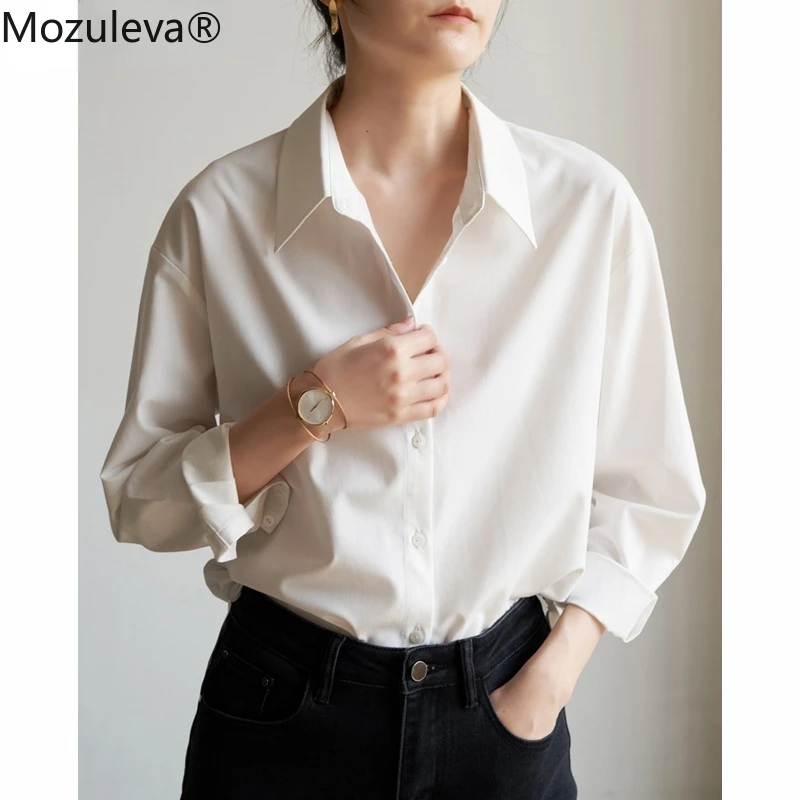 

Mozuleva Elegant Turn-down Collar Women White Shirts Tops 2022 Spring Basic Loose Full Sleeve Single-breasted Ladies Blouses