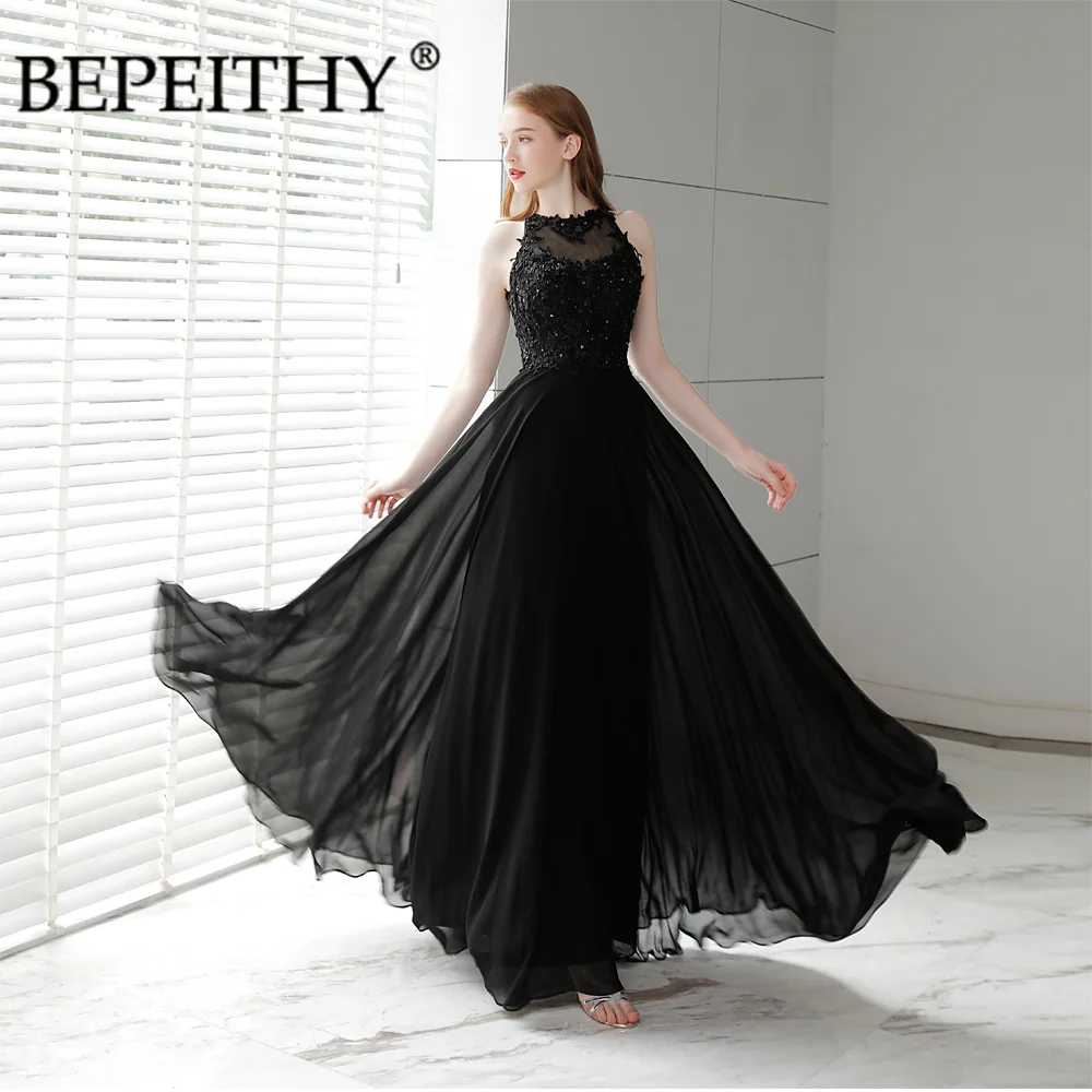 

BEPEITHY Elegant Illnision Black Prom Gown Applique Beaded Formal Pageant Evening Party Dress Vestido De Festa Custom Made 2022