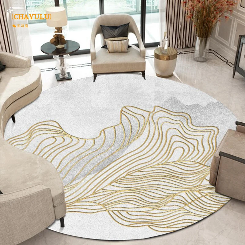 

Korean Round Rug Abstract Golden Stripes Living Room Sofa White Carpet Kids Bedroom Game Curtain Decoration Non-slip Floor Mat