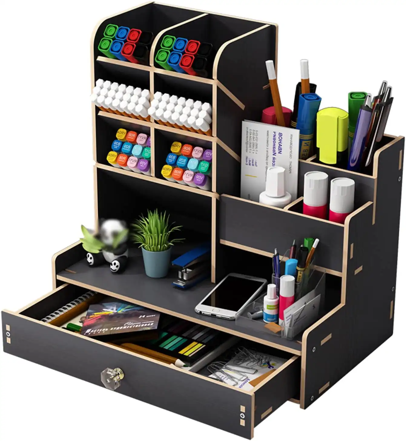 

Desk Organiser, Pen Holder, Pen Box, Pen Holder Desk with Drawer Home, Office and School（Black）